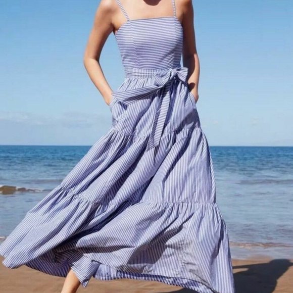 J.Crew Tiered maxi dress in stripe LAGOON WHITE - Picture 1 of 7